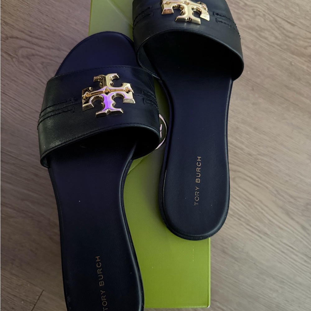 Tory Burch Black Leather Slide Mules with Gold Logo